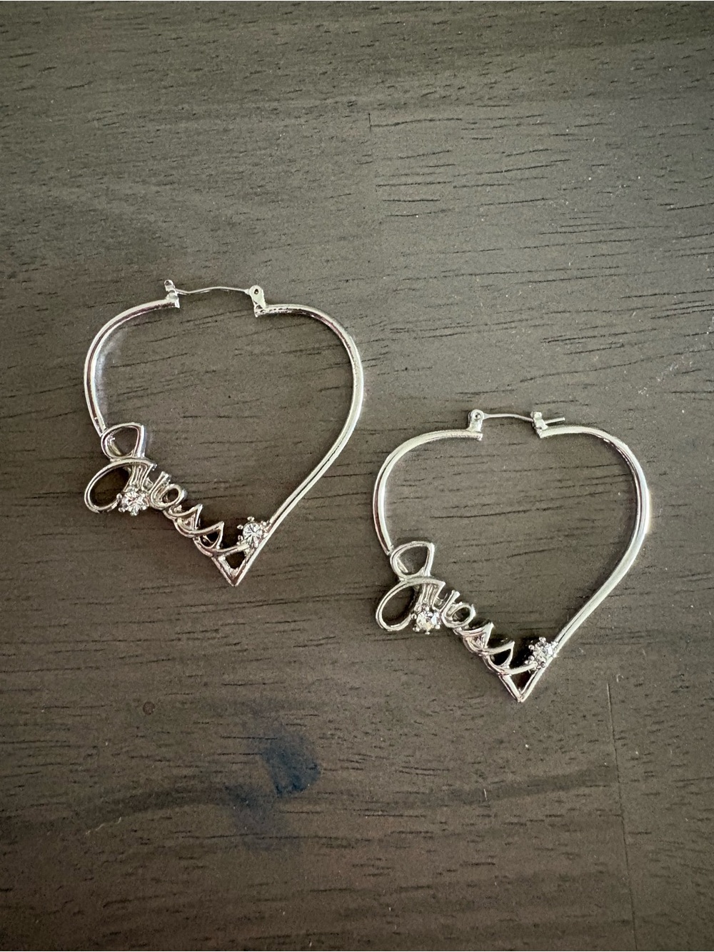 1 Pair of Guess Silver Heart Script Hoop Earrings Crystal Accents